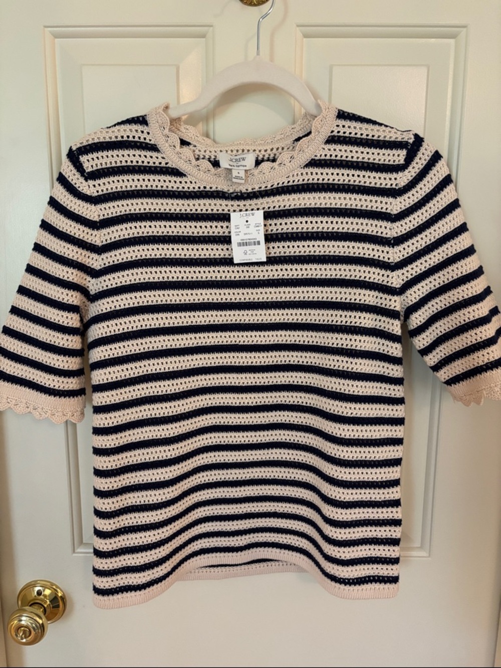 NWT J. Crew Navy and Cream Striped Crochet Short-Sleeve Top S